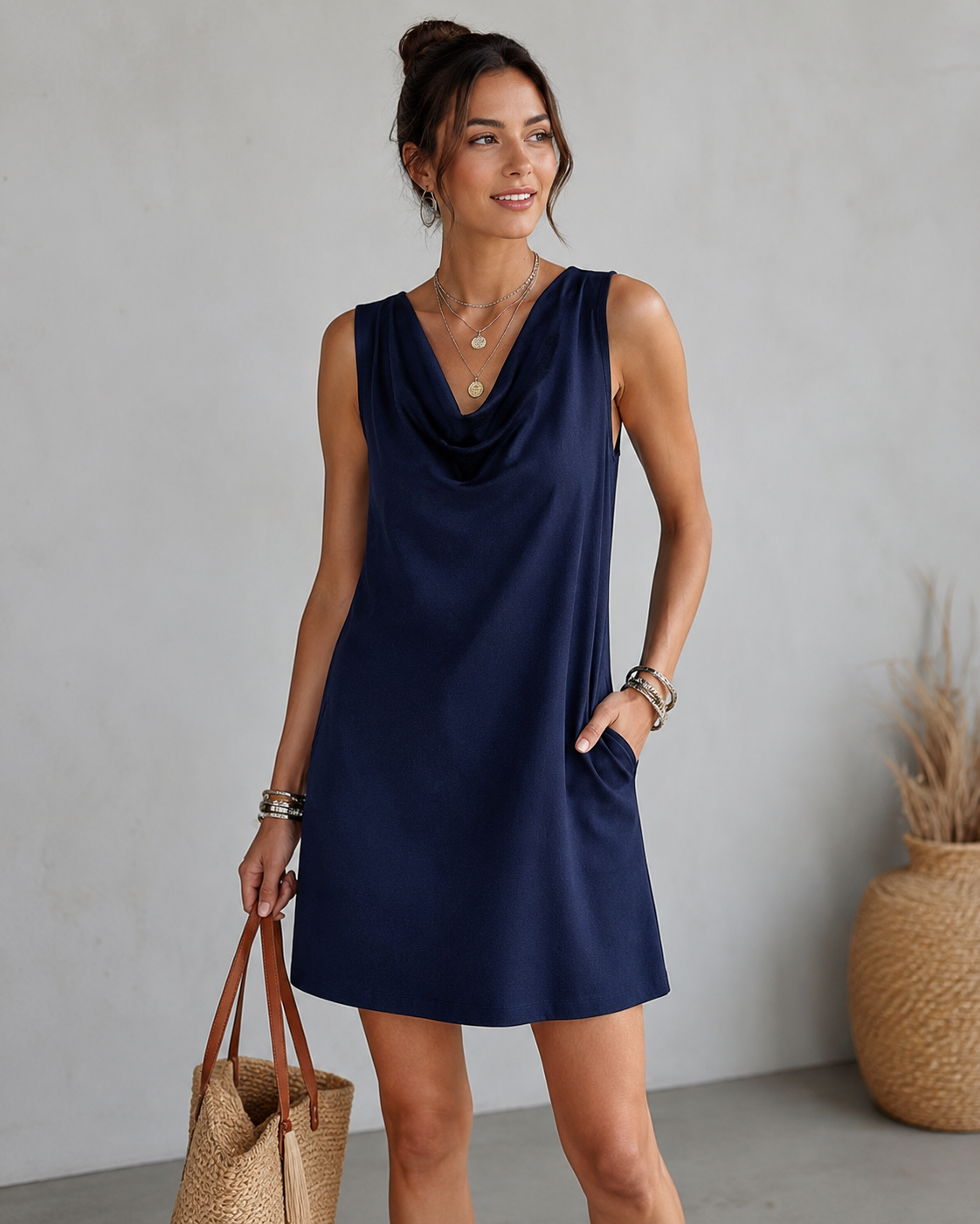 Robe Courte Décontractée Sans Manches Col Benitier - Robe Légère En Mélange Coton Lin Coupe Droite Avec Poches