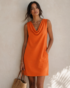 Robe Courte Décontractée Sans Manches Col Benitier - Robe Légère En Mélange Coton Lin Coupe Droite Avec Poches
