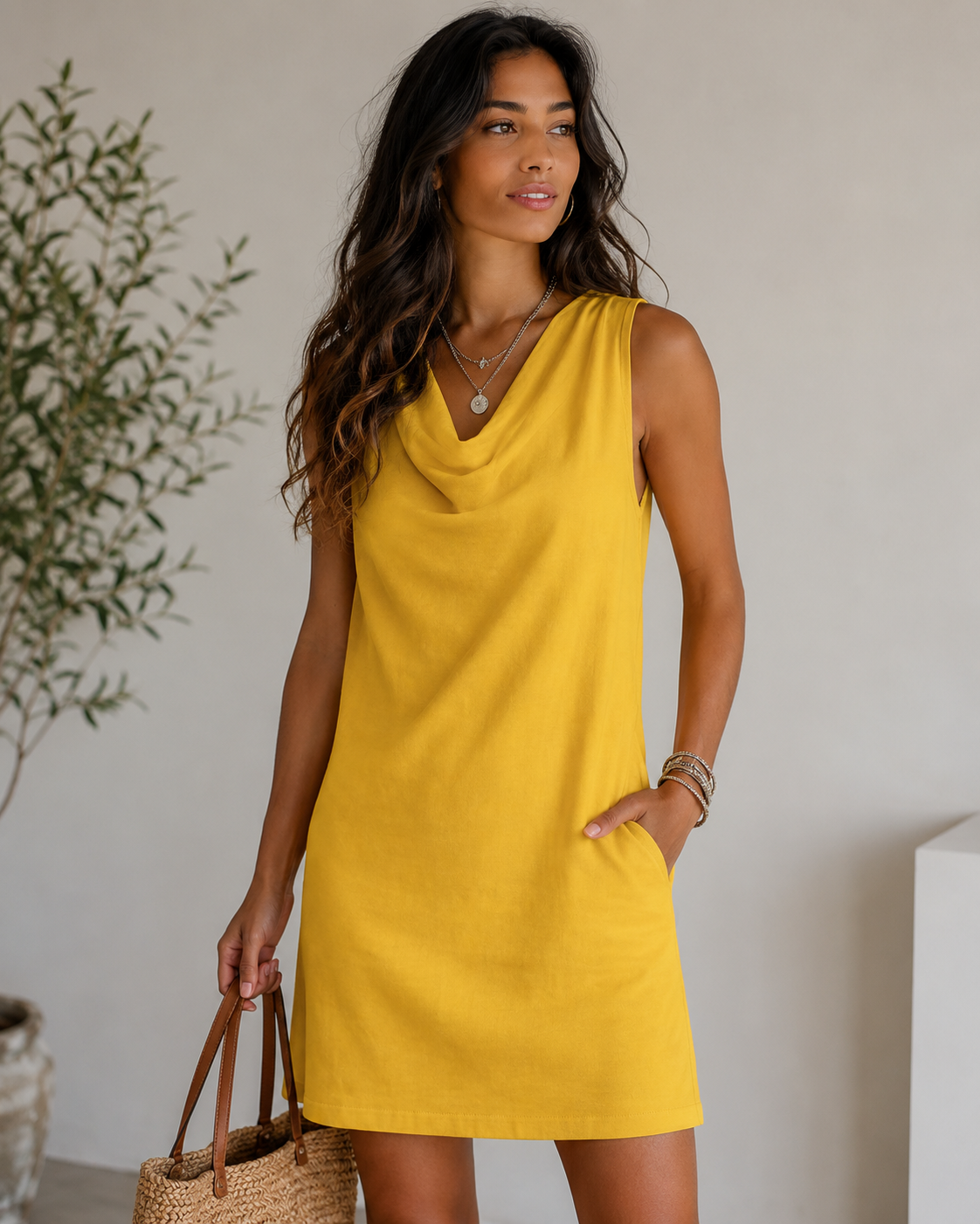 Casual Sleeveless Cowl Neck Mini Dress - Lightweight Cotton Linen Blend Shift Sundress With Pockets - Luxxella