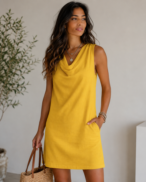 Casual Sleeveless Cowl Neck Mini Dress - Lightweight Cotton Linen Blend Shift Sundress With Pockets - Luxxella