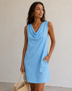 Robe Courte Décontractée Sans Manches Col Benitier - Robe Légère En Mélange Coton Lin Coupe Droite Avec Poches