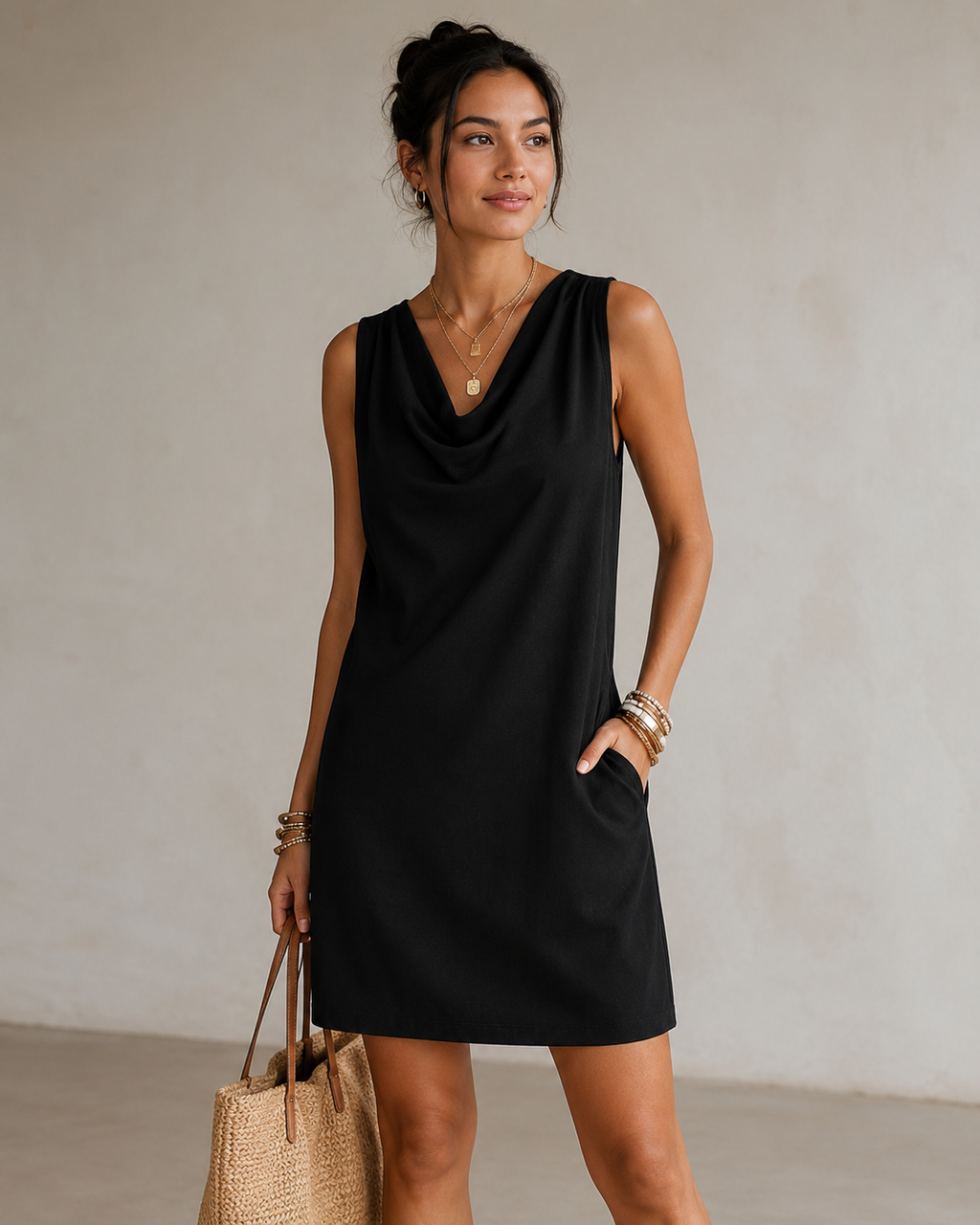 Robe Courte Décontractée Sans Manches Col Benitier - Robe Légère En Mélange Coton Lin Coupe Droite Avec Poches