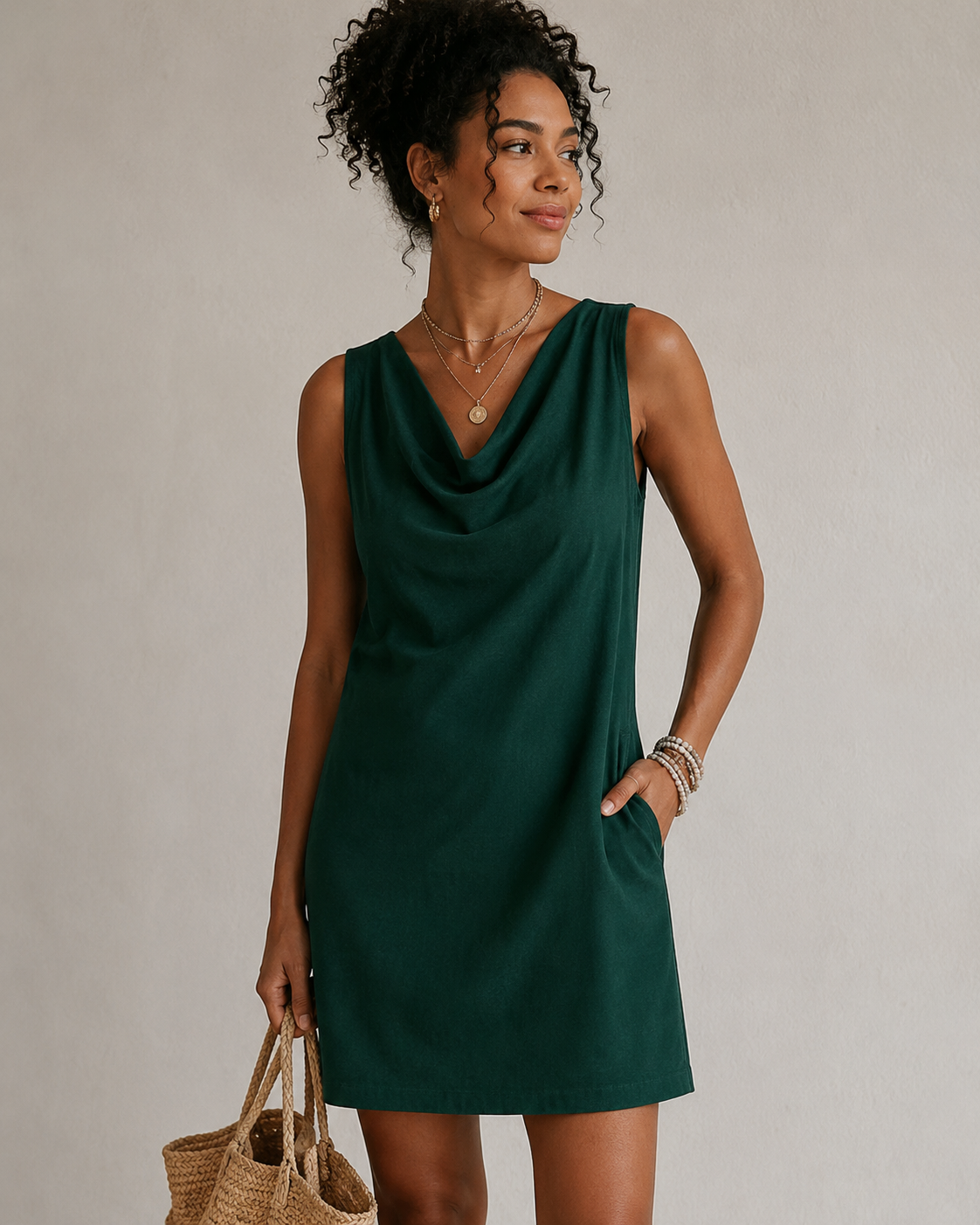 Women's Casual Sleeveless Cowl Neck Mini Dress - Cotton Linen Sundress With Pockets