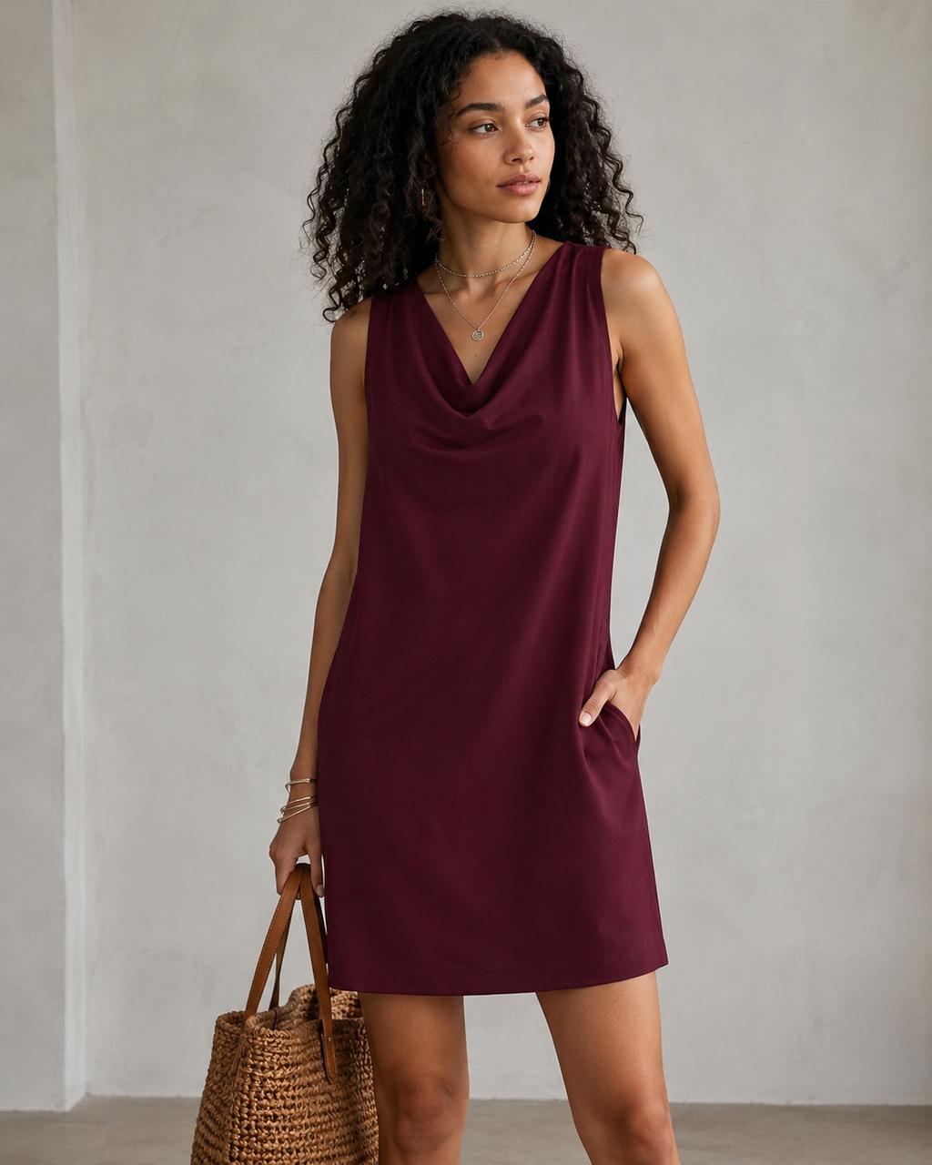 Robe Courte Décontractée Sans Manches Col Benitier - Robe Légère En Mélange Coton Lin Coupe Droite Avec Poches