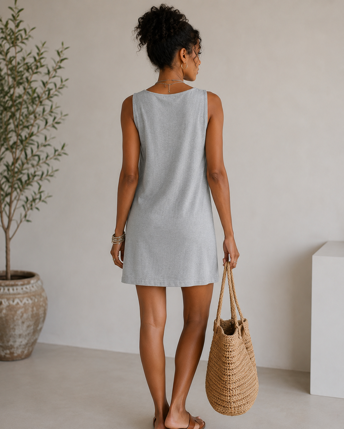 Robe Courte Décontractée Sans Manches Col Benitier - Robe Légère En Mélange Coton Lin Coupe Droite Avec Poches