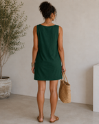Robe Courte Décontractée Sans Manches Col Benitier - Robe Légère En Mélange Coton Lin Coupe Droite Avec Poches