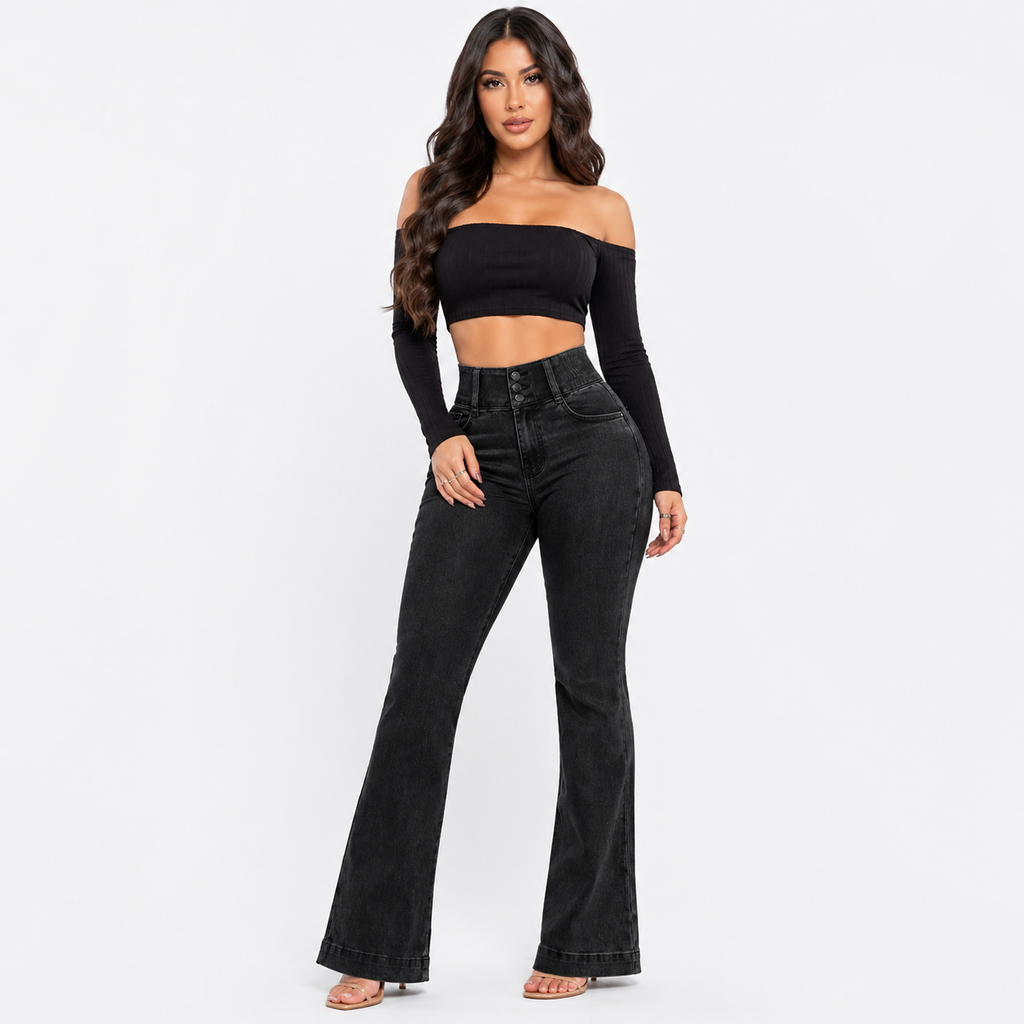 High‑Waist Jeans – Button Front with Shirred Back, Elegant Casual Fit - Luxxella