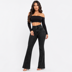 High‑Waist Jeans – Button Front with Shirred Back, Elegant Casual Fit - Luxxella