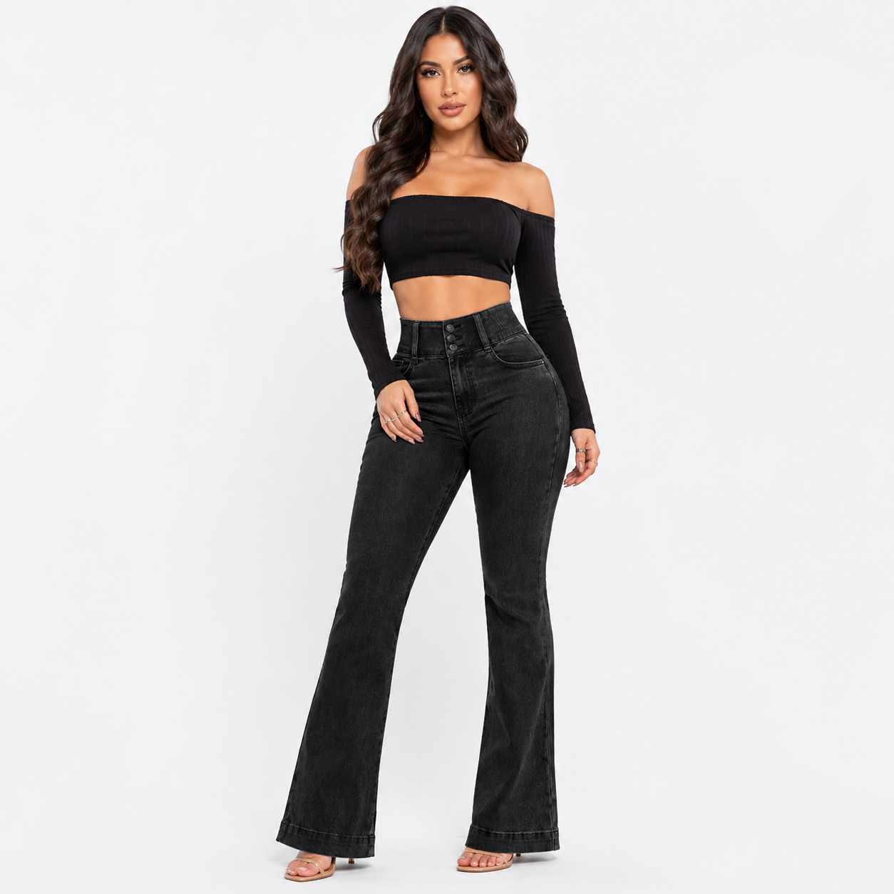 High‑Waist Jeans – Button Front with Shirred Back, Elegant Casual Fit - Luxxella