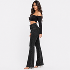 High‑Waist Jeans – Button Front with Shirred Back, Elegant Casual Fit - Luxxella