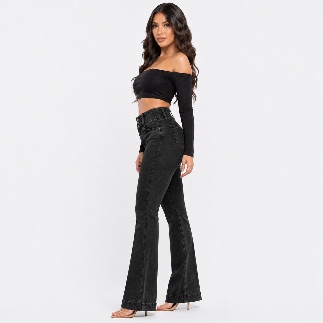 High‑Waist Jeans – Button Front with Shirred Back, Elegant Casual Fit - Luxxella