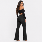 High‑Waist Jeans – Button Front with Shirred Back, Elegant Casual Fit - Luxxella