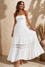 Agatha Maxi Dress – White Lace Strapless Dress for Bridal, Vacation & Summer Events - Luxxella