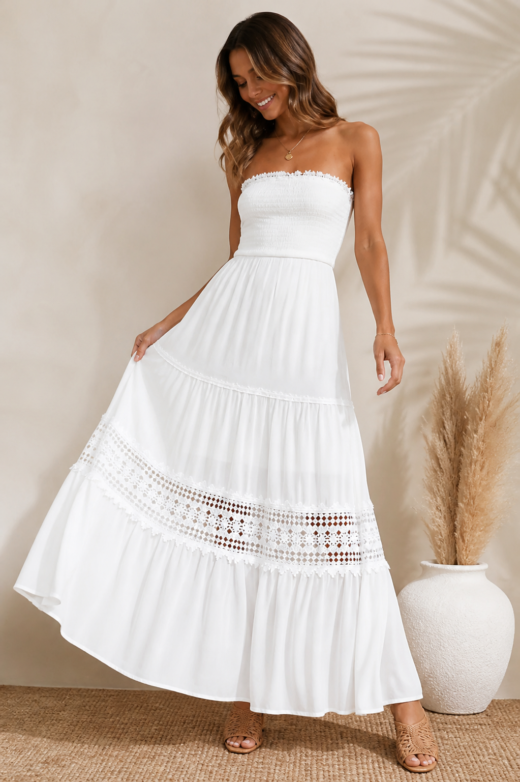Agatha Maxi Dress – White Lace Strapless Dress for Bridal, Vacation & Summer Events - Luxxella