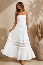 Agatha Maxi Dress – White Lace Strapless Dress for Bridal, Vacation & Summer Events - Luxxella