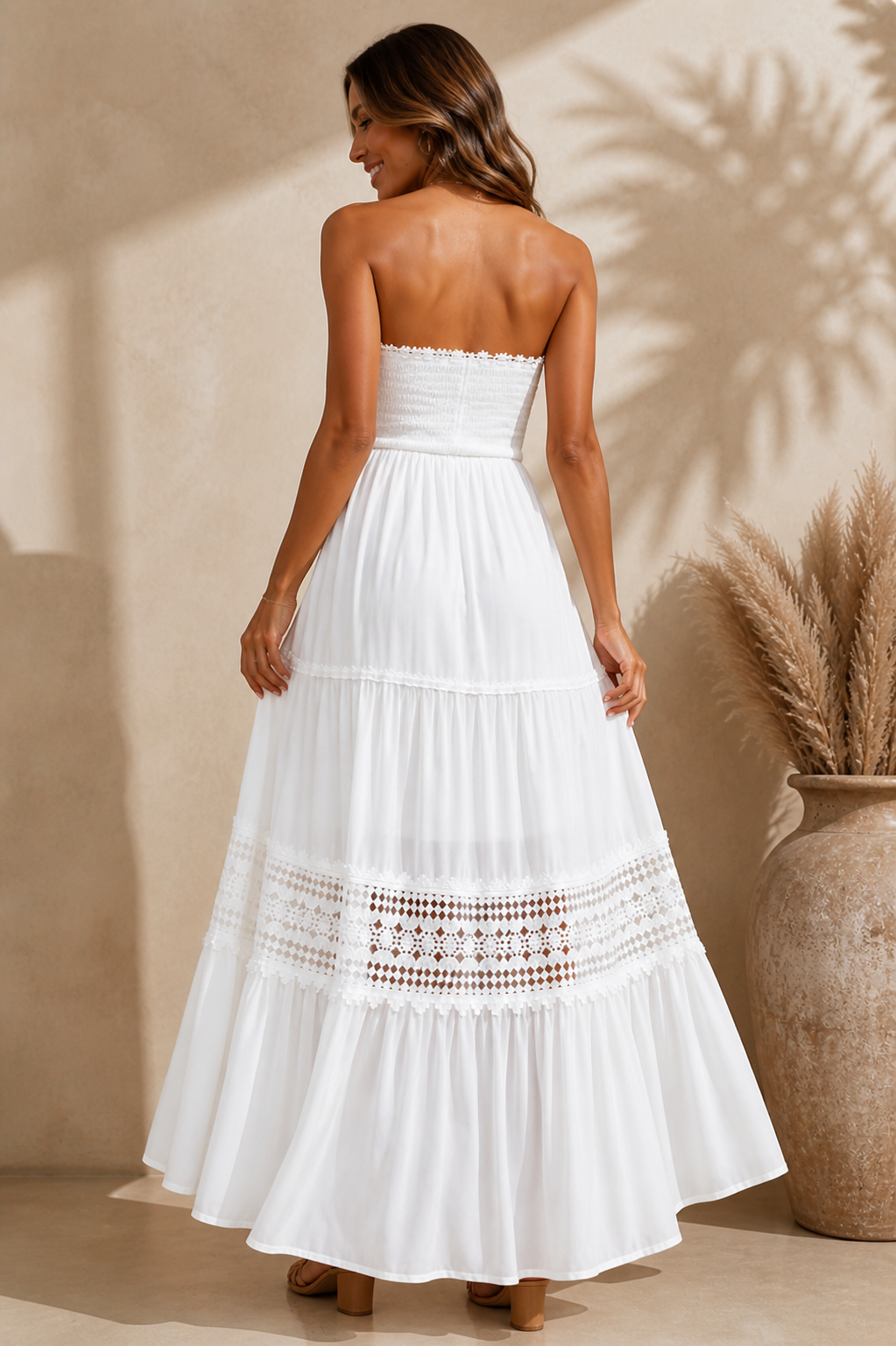 Agatha Maxi Dress – White Lace Strapless Dress for Bridal, Vacation & Summer Events - Luxxella