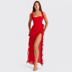 Square Neck Ruffle Maxi Dress - High Slit Sleeveless Evening Gown for Wedding Guests - Luxxella