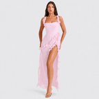 Square Neck Ruffle Maxi Dress - High Slit Sleeveless Evening Gown for Wedding Guests - Luxxella