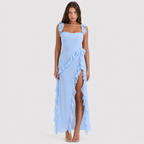 Square Neck Ruffle Maxi Dress - High Slit Sleeveless Evening Gown for Wedding Guests - Luxxella