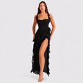 Square Neck Ruffle Maxi Dress - High Slit Sleeveless Evening Gown for Wedding Guests - Luxxella