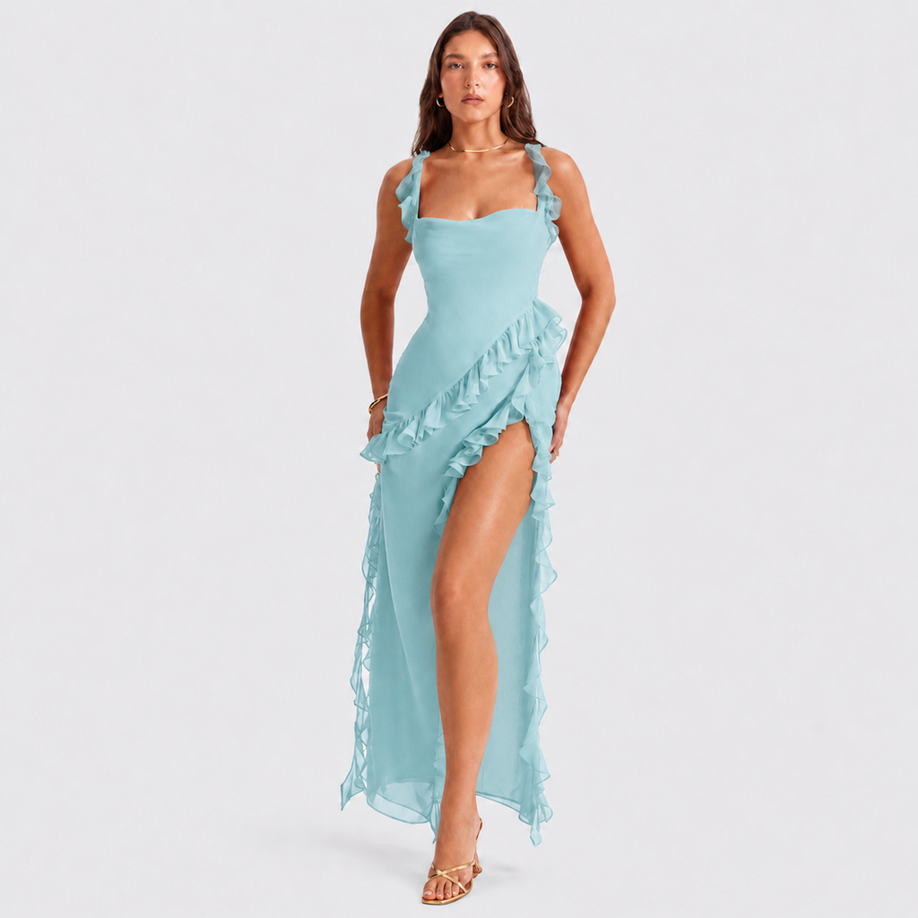 Square Neck Ruffle Maxi Dress - High Slit Sleeveless Evening Gown for Wedding Guests - Luxxella