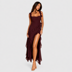 Square Neck Ruffle Maxi Dress - High Slit Sleeveless Evening Gown for Wedding Guests - Luxxella