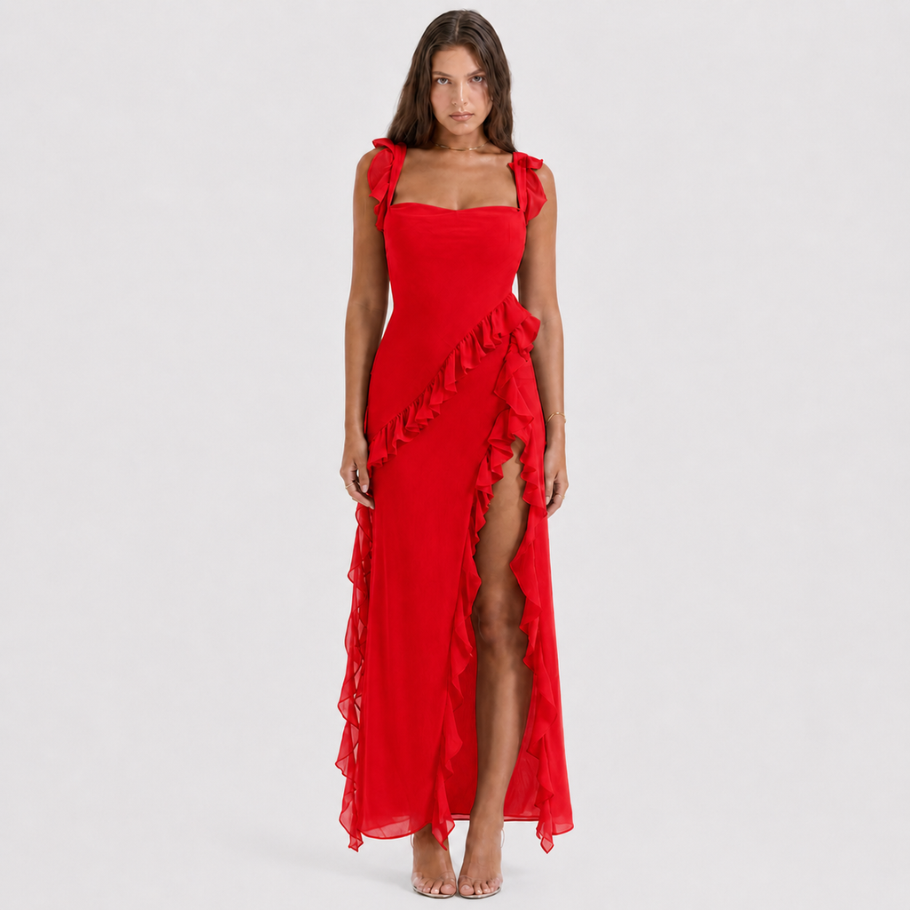 Square Neck Ruffle Maxi Dress - High Slit Sleeveless Evening Gown for Wedding Guests - Luxxella