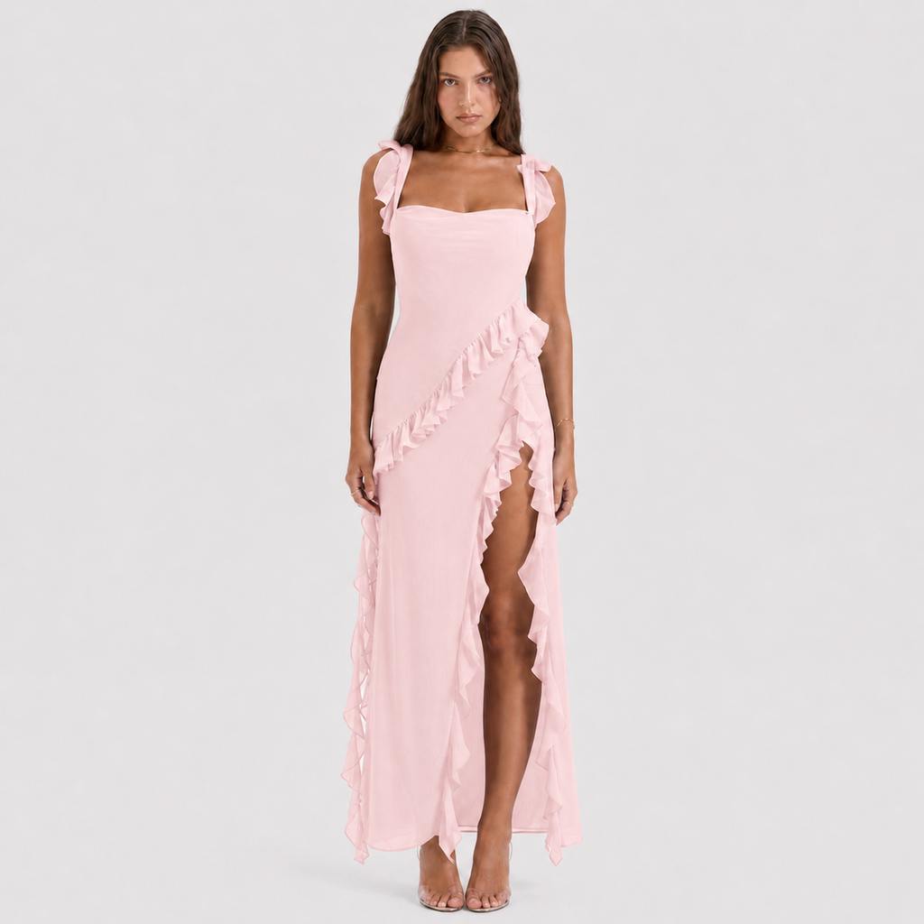Square Neck Ruffle Maxi Dress - High Slit Sleeveless Evening Gown for Wedding Guests - Luxxella