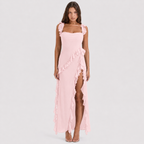 Square Neck Ruffle Maxi Dress - High Slit Sleeveless Evening Gown for Wedding Guests - Luxxella