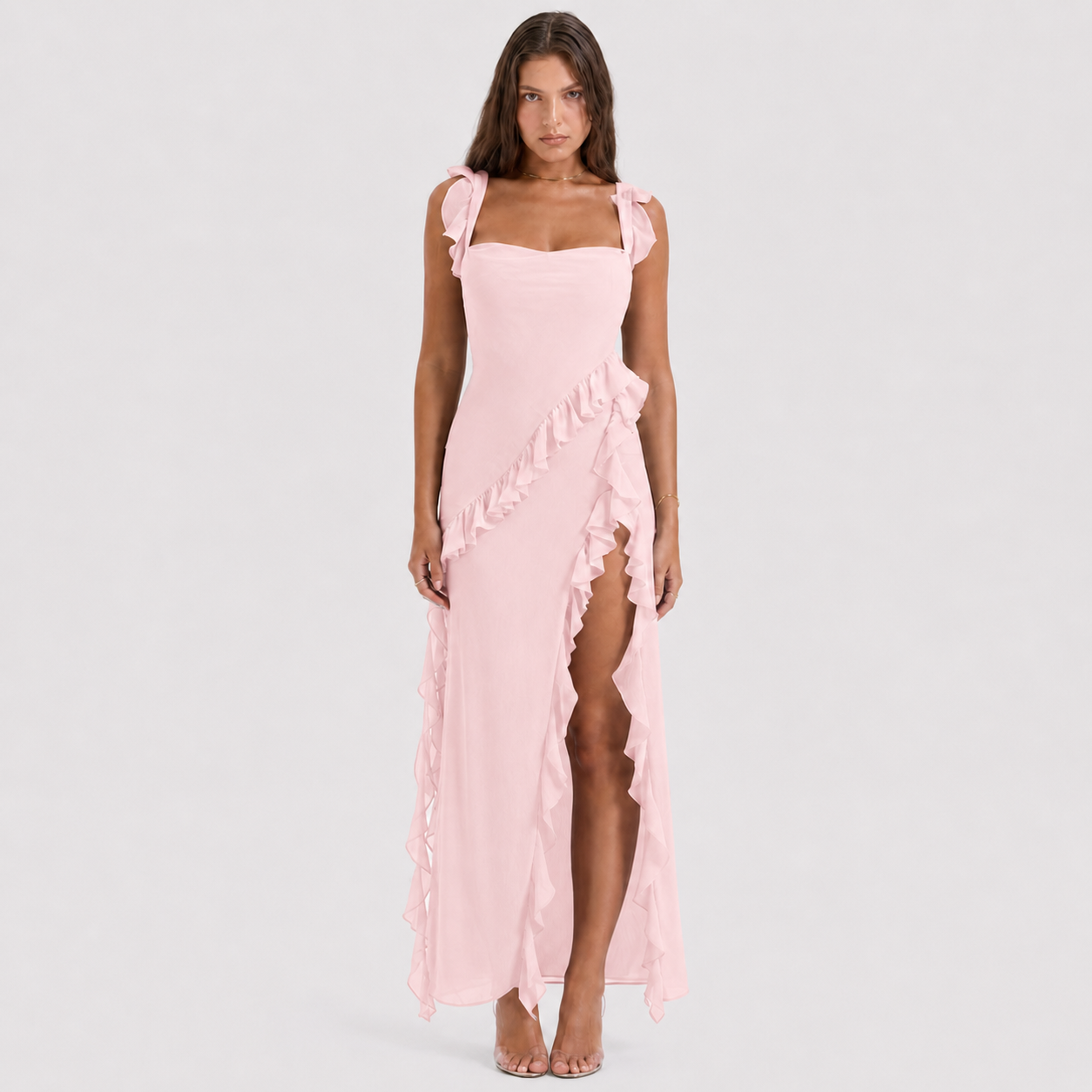 Square Neck Ruffle Maxi Dress - High Slit Sleeveless Evening Gown for Wedding Guests - Luxxella
