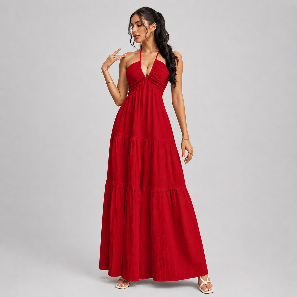 Backless Halter Neck Maxi Dress - Deep V-Neck Tiered Boho Sundress for Beach Vacation - Luxxella