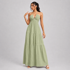 Backless Halter Neck Maxi Dress - Deep V-Neck Tiered Boho Sundress for Beach Vacation - Luxxella