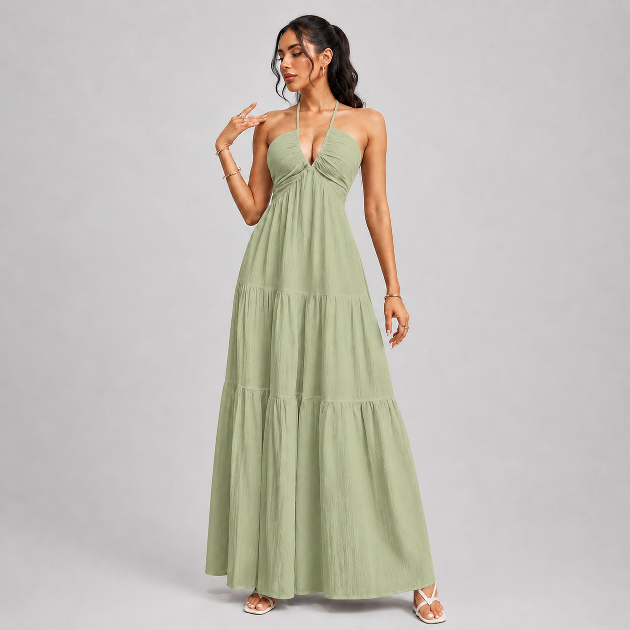 Backless Halter Neck Maxi Dress - Deep V-Neck Tiered Boho Sundress for Beach Vacation - Luxxella