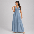 Backless Halter Neck Maxi Dress - Deep V-Neck Tiered Boho Sundress for Beach Vacation - Luxxella