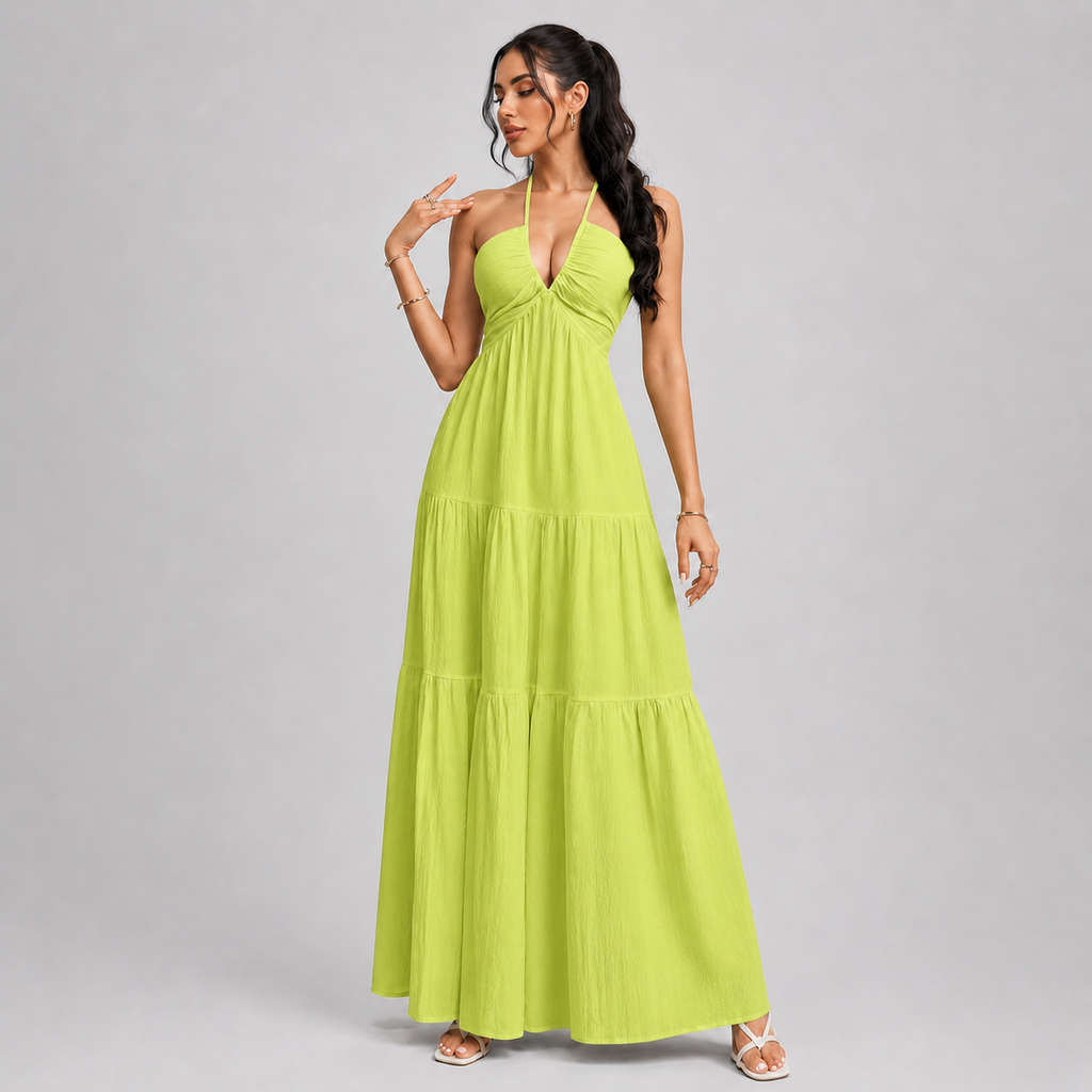 Backless Halter Neck Maxi Dress - Deep V-Neck Tiered Boho Sundress for Beach Vacation - Luxxella