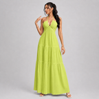 Backless Halter Neck Maxi Dress - Deep V-Neck Tiered Boho Sundress for Beach Vacation - Luxxella