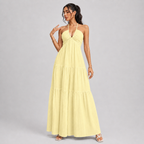 Backless Halter Neck Maxi Dress - Deep V-Neck Tiered Boho Sundress for Beach Vacation - Luxxella
