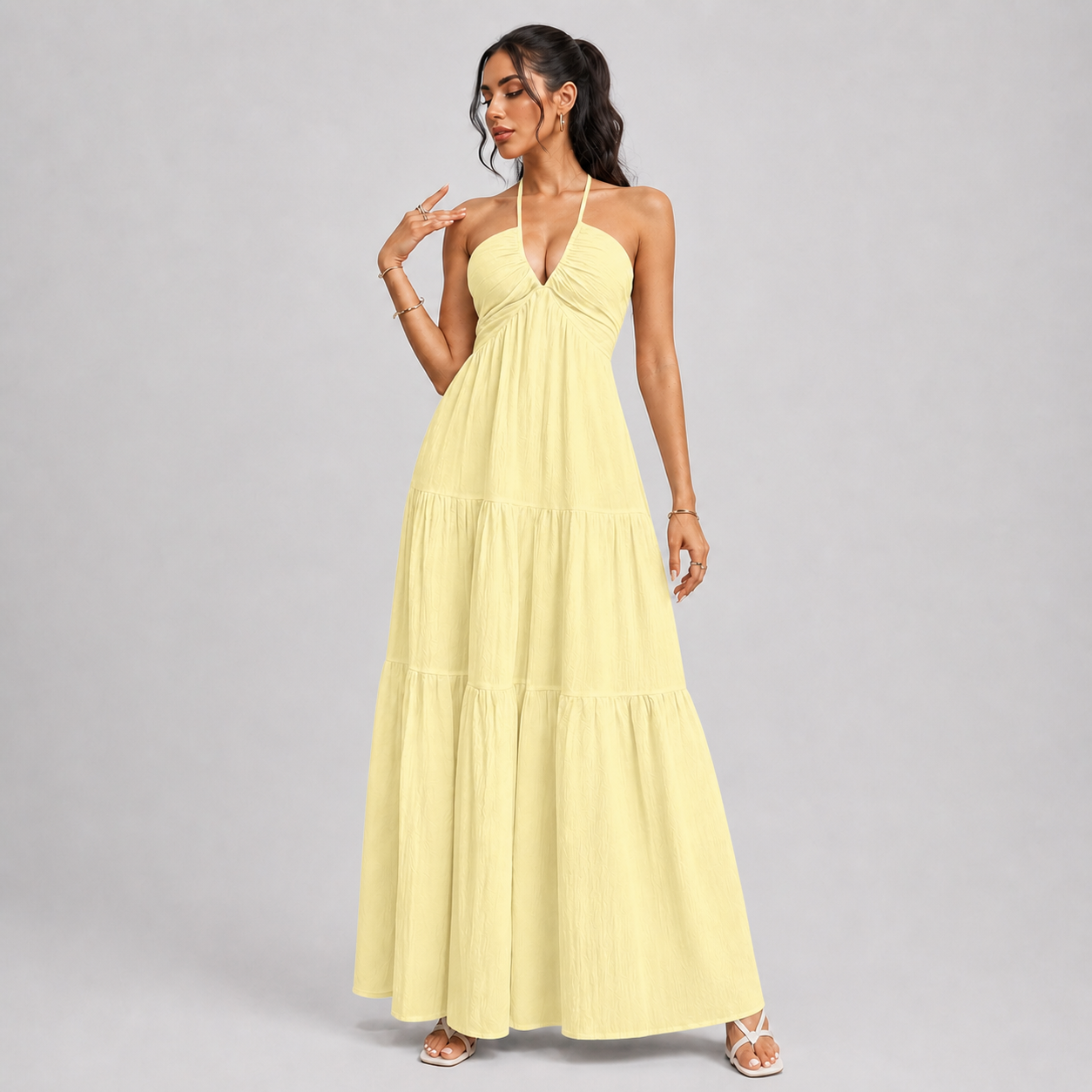 Backless Halter Neck Boho Maxi Dress – Deep V-Neck Tiered Sundress