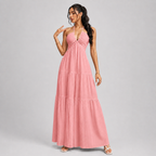 Backless Halter Neck Maxi Dress - Deep V-Neck Tiered Boho Sundress for Beach Vacation - Luxxella
