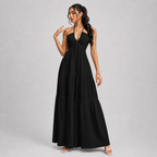 Backless Halter Neck Maxi Dress - Deep V-Neck Tiered Boho Sundress for Beach Vacation - Luxxella