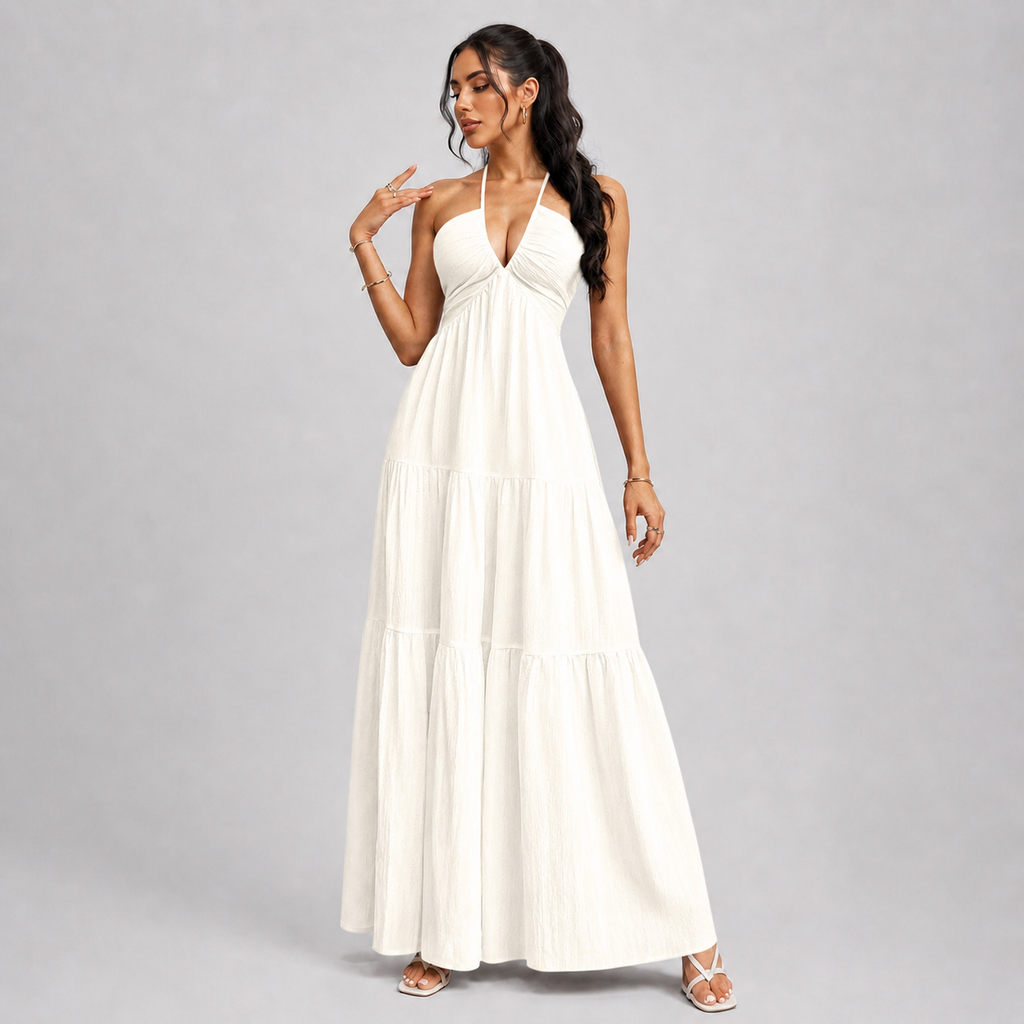 Backless Halter Neck Maxi Dress - Deep V-Neck Tiered Boho Sundress for Beach Vacation - Luxxella