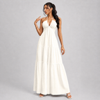 Backless Halter Neck Maxi Dress - Deep V-Neck Tiered Boho Sundress for Beach Vacation - Luxxella