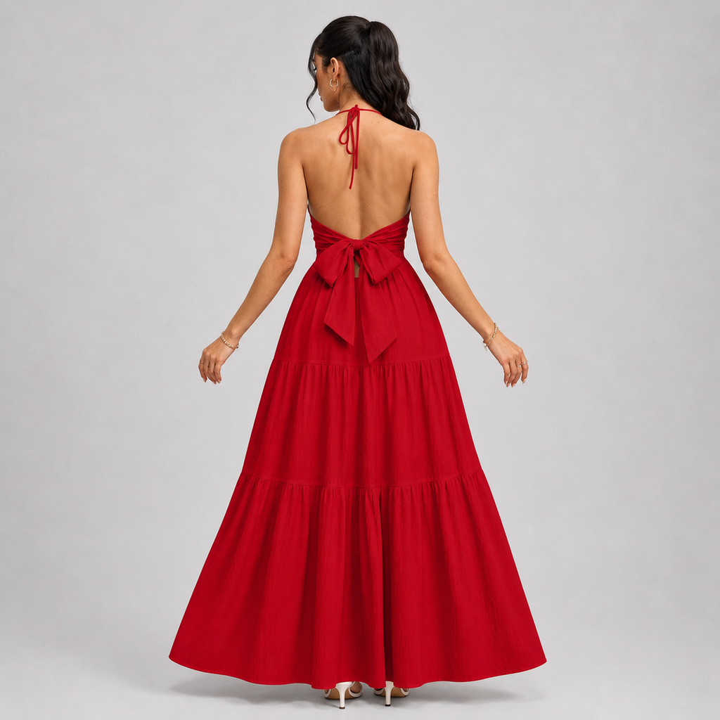 Backless Halter Neck Maxi Dress - Deep V-Neck Tiered Boho Sundress for Beach Vacation - Luxxella