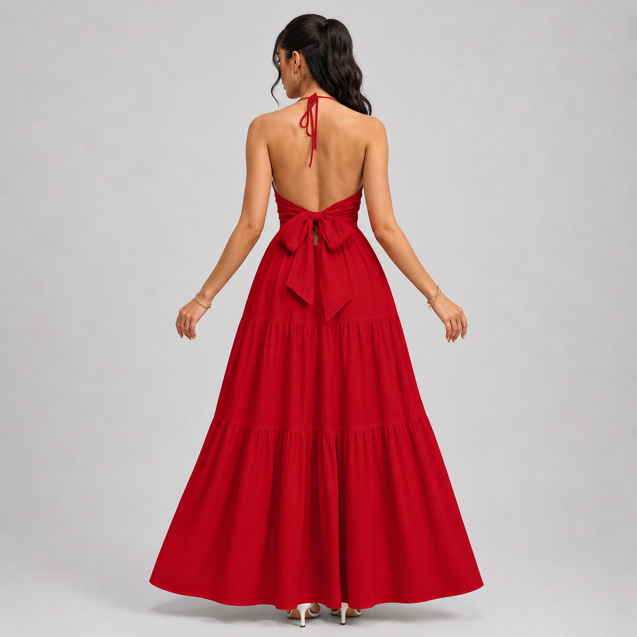 Backless Halter Neck Maxi Dress - Deep V-Neck Tiered Boho Sundress for Beach Vacation - Luxxella