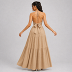 Backless Halter Neck Maxi Dress - Deep V-Neck Tiered Boho Sundress for Beach Vacation - Luxxella