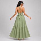 Backless Halter Neck Maxi Dress - Deep V-Neck Tiered Boho Sundress for Beach Vacation - Luxxella
