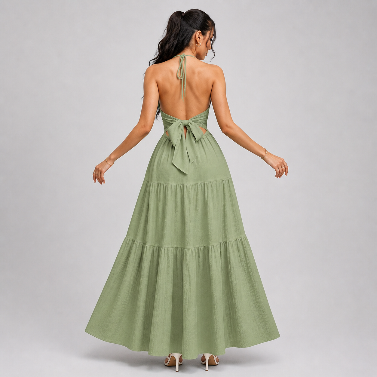 Backless Halter Neck Maxi Dress - Deep V-Neck Tiered Boho Sundress for Beach Vacation - Luxxella