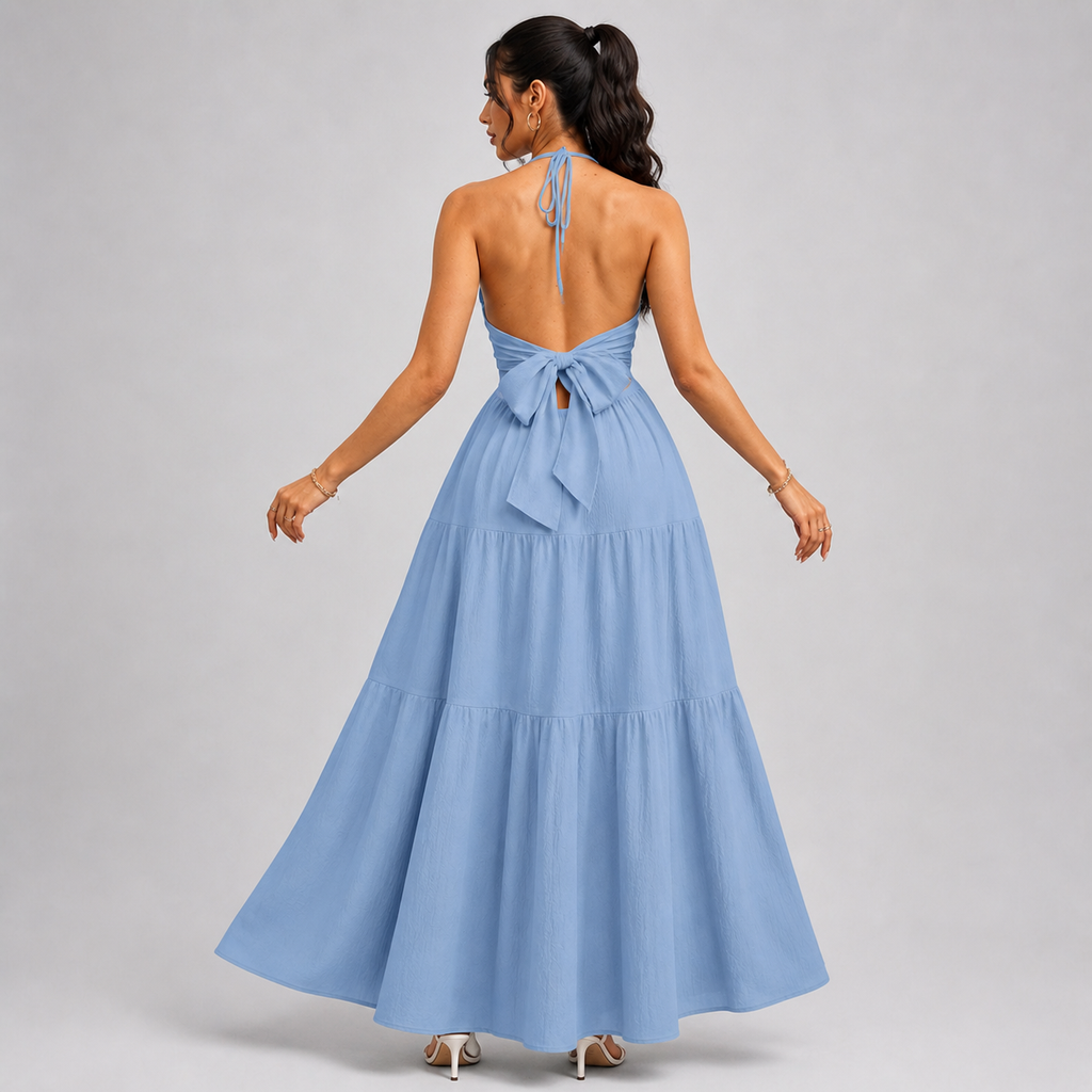 Backless Halter Neck Maxi Dress - Deep V-Neck Tiered Boho Sundress for Beach Vacation - Luxxella