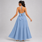 Backless Halter Neck Maxi Dress - Deep V-Neck Tiered Boho Sundress for Beach Vacation - Luxxella