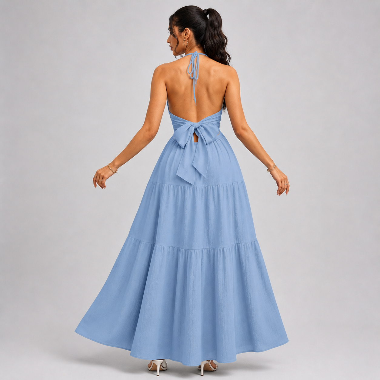 Backless Halter Neck Maxi Dress - Deep V-Neck Tiered Boho Sundress for Beach Vacation - Luxxella